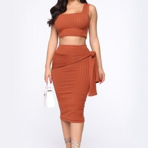Ribbed Skirt Set, Brown